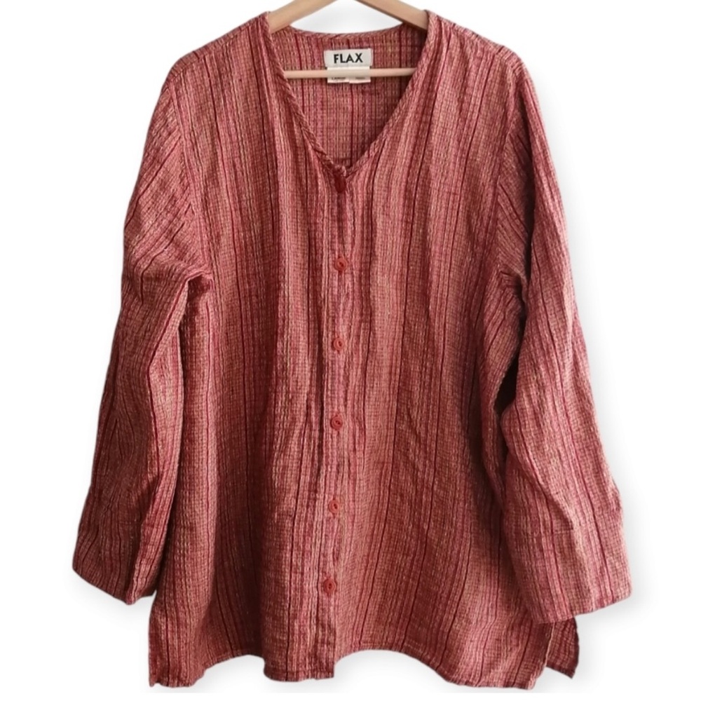 Flax 100% Linen Button Up Lagenlook Oversize Tunic Blouse Large